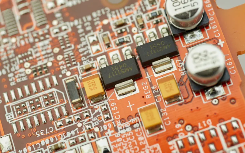 Macro close-up of electronic components on a printed circuit board